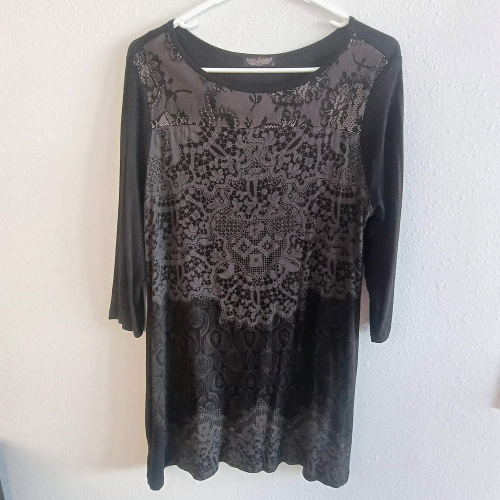 Vanilla Sugar Lace Tunic Top Black Stretch Sheer Overlay Womens Large Boho